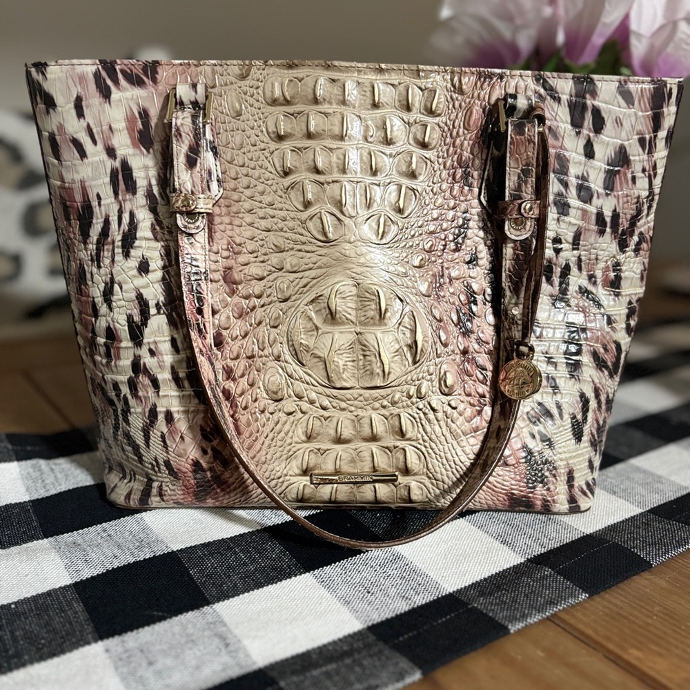 Brahmin Cream and Brown Croc-Embossed Tote